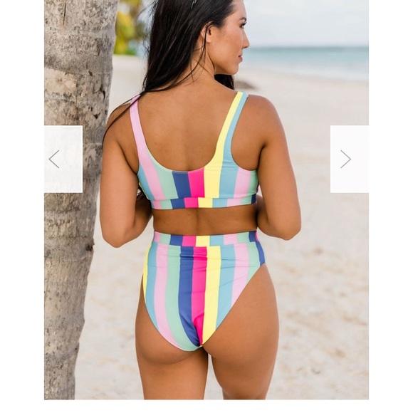 Striped High Cut High Waist Bikini Pink Lily #NWT - Picture 7 of 12